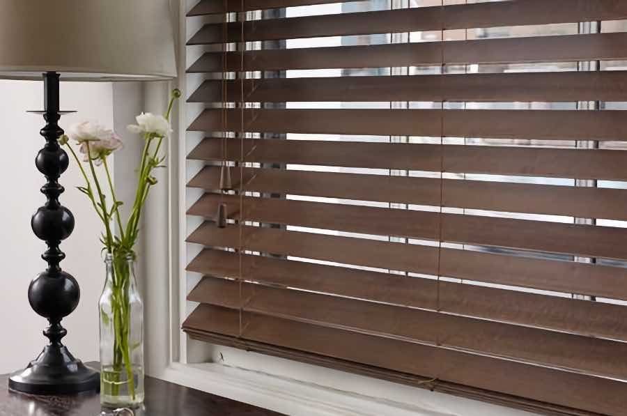 Close-up view of inside-mount wood blinds